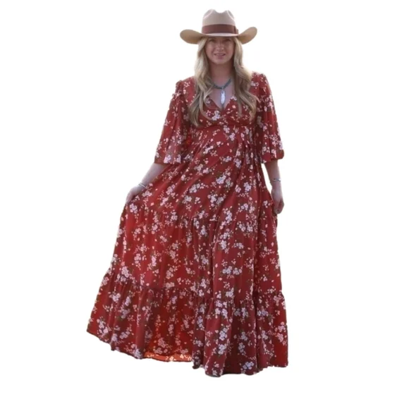 California Moonrise maxi dress xs red floral Boho Hippie Tiered - Picture 1 of 10